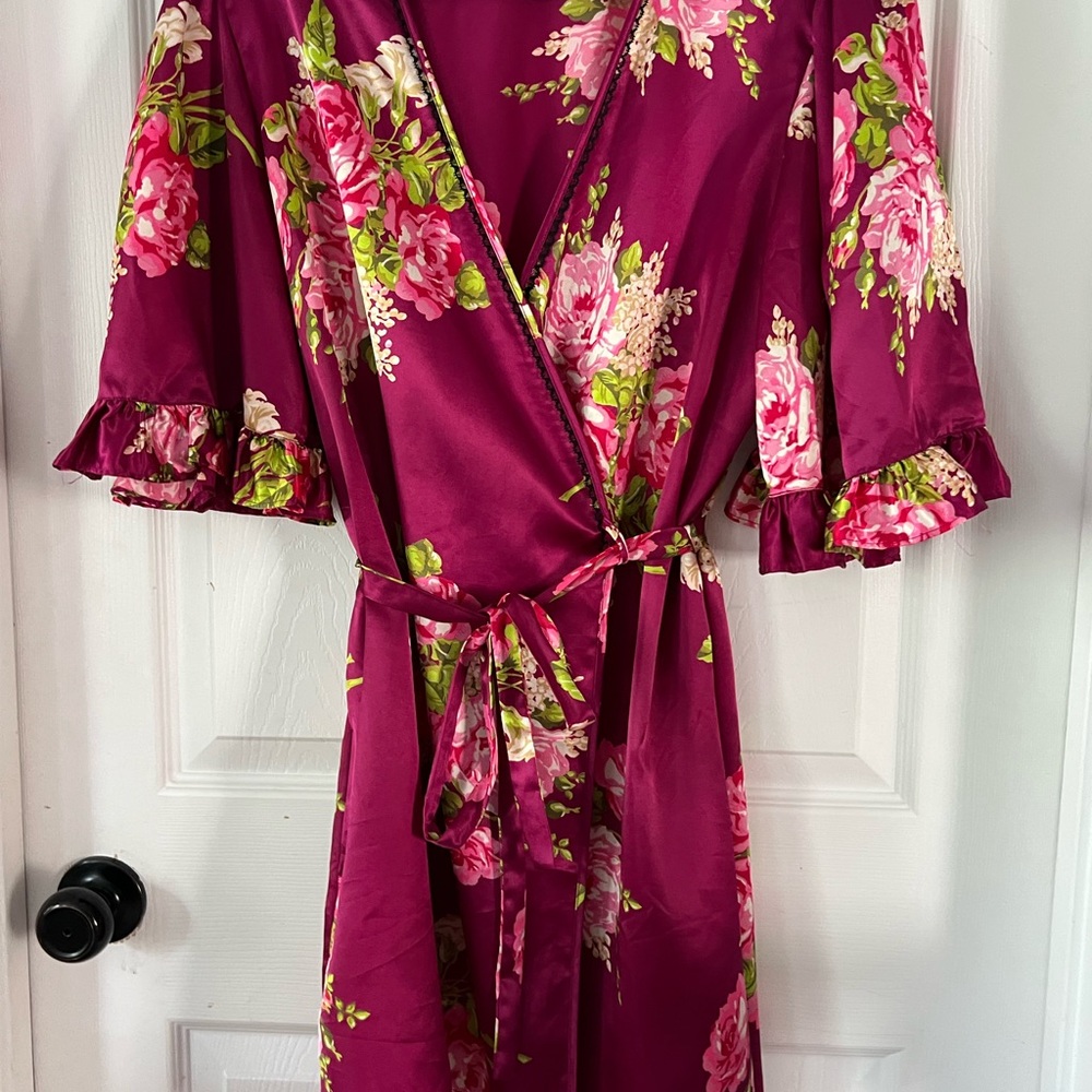 Betsey Johnson Pink Floral Silk Wrap Robe